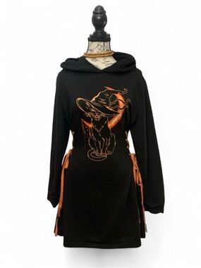 DRESSFO Black Hooded Witch Cat Graphic Lace-Up Hoodie Dress Size 12 Halloween